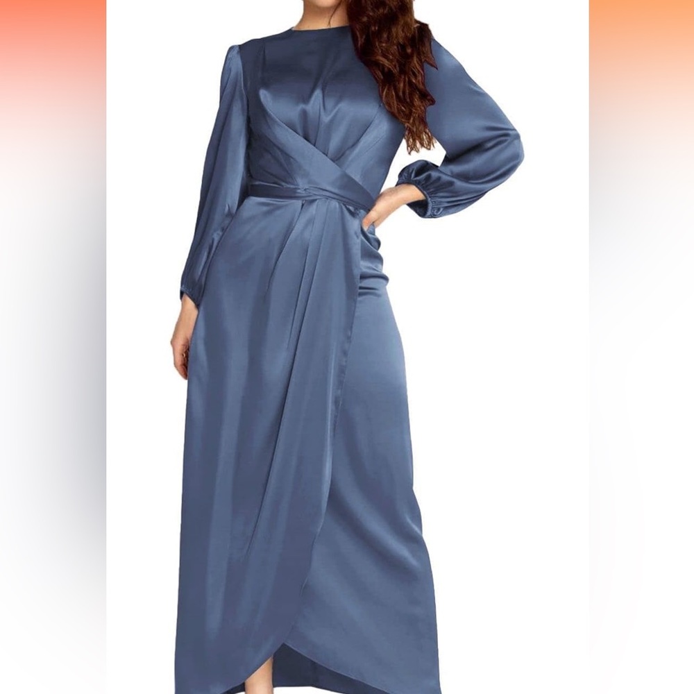 PINUPART Women's Elegant Empire Waist Long Sleeve Satin Maxi Dress